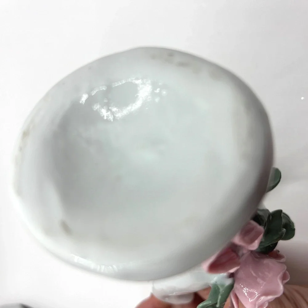 Vintage Porcelain Hand Bud Vase Ring Holder Pink Roses Hand Painted EUC